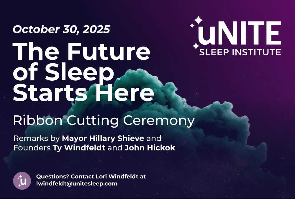 Ribbon-cutting ceremony postcard for the uNITE Sleep Institute opening, teal cloudscape over a purple sky.