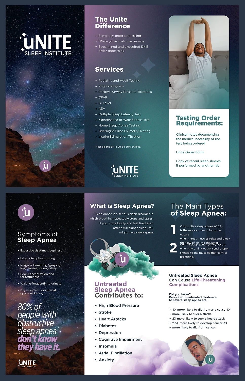 uNITE Sleep Institute tri-fold brochure, front and inside spread: hero messaging, value props, and service lines.