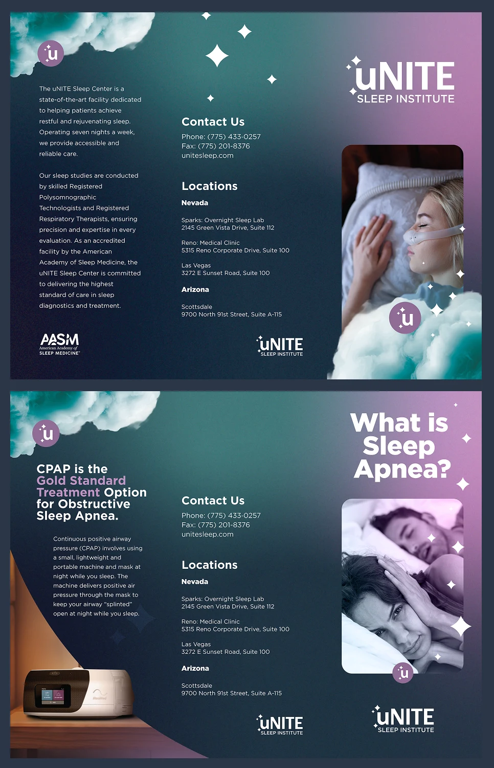 uNITE Sleep Institute tri-fold brochure back panels: patient education content, contact, and locations.