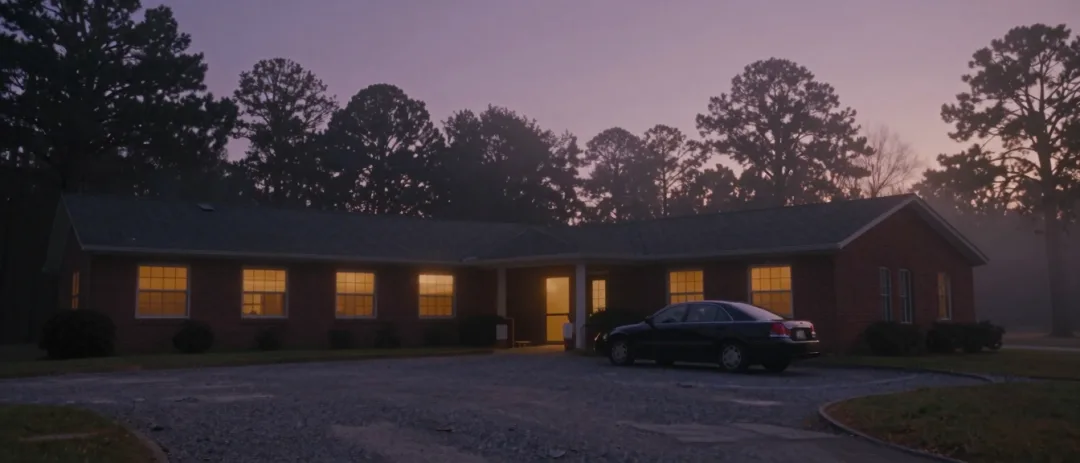 A hospice building exterior in quiet dawn light.