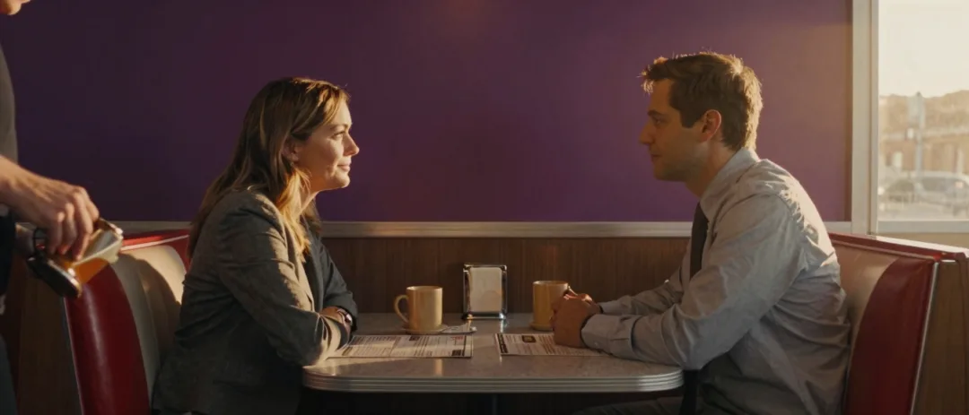 Two professionals meeting over coffee in a vinyl diner booth.