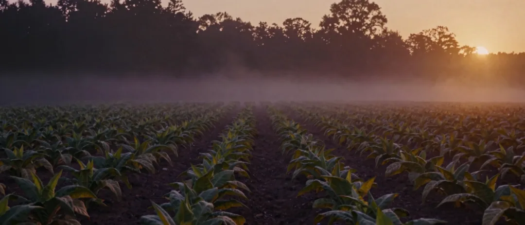 Mist hanging over rows of a North Carolina tobacco field at dawn.
