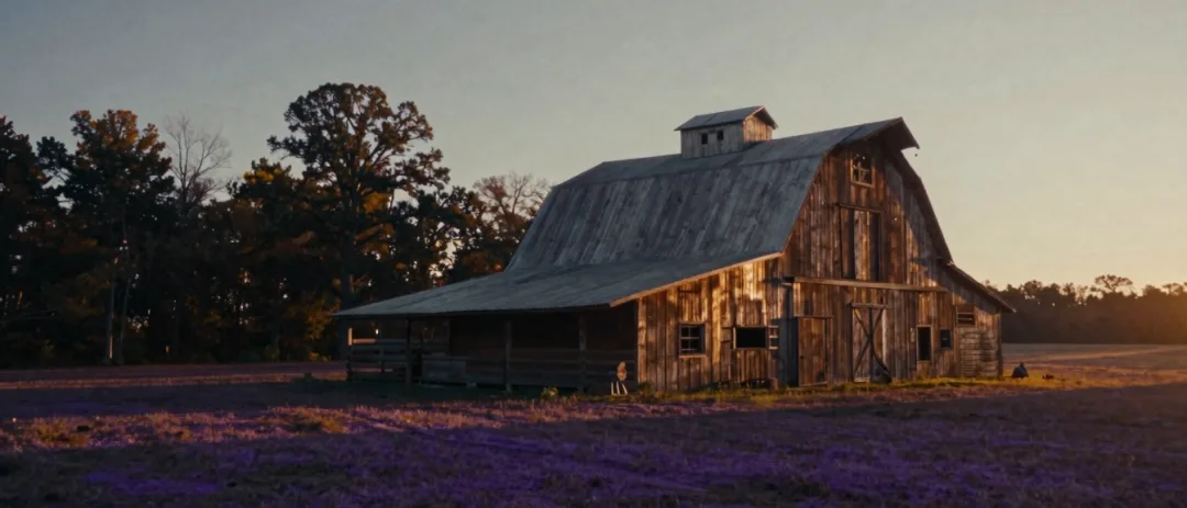 A weathered tobacco barn in golden-hour light.