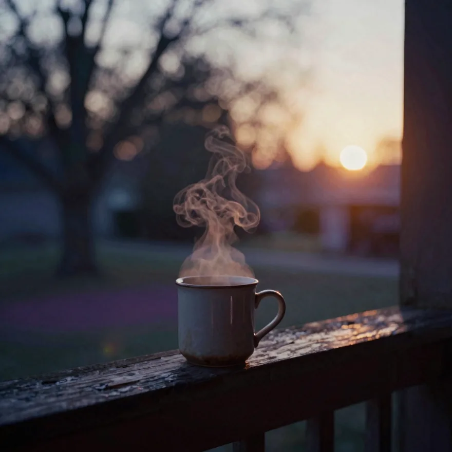 A steaming coffee mug on a porch railing at sunrise.