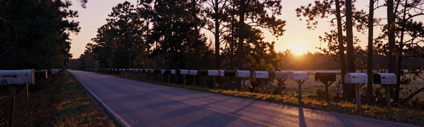 A line of rural mailboxes receding along a country road.