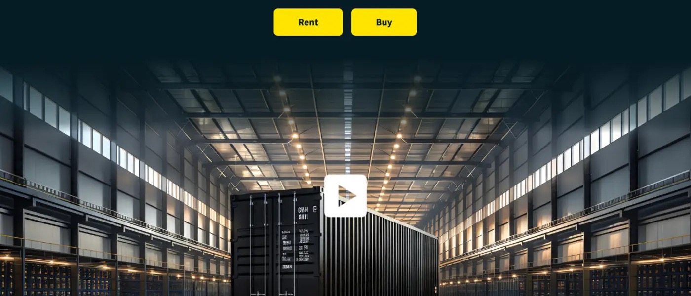 The fabrication warehouse hero from the live homepage: container rows under the lights, with the yellow Rent and Buy CTAs.