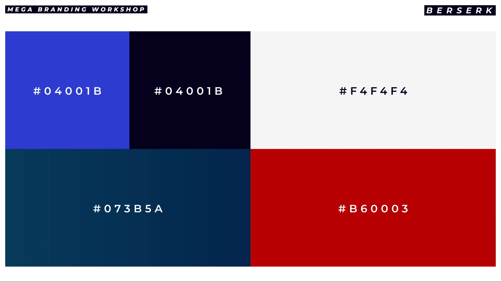 The Omnigrid colors exploration board with the delivered palette: ink #04001B, steel #073B5A, red #B60003, and paper #F4F4F4.