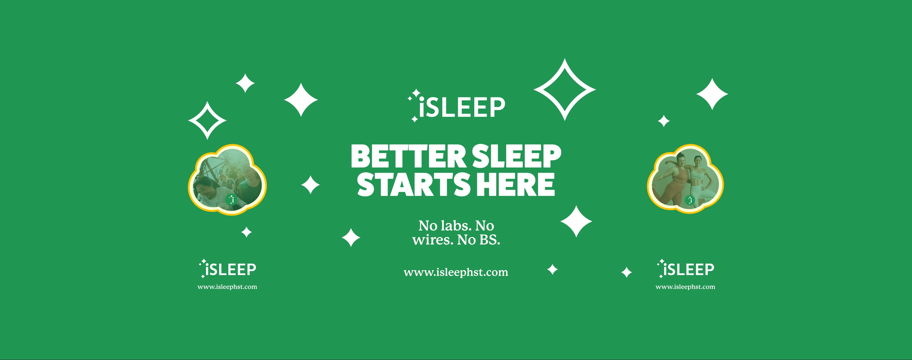 Booth counter case wrap design in green: better sleep starts here headline with the iSLEEP wordmark repeated on the side panels and small cloud-framed photos.