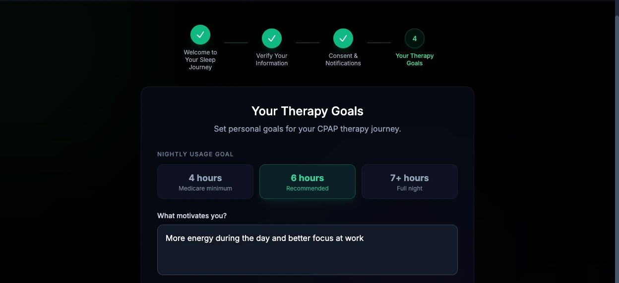 Step four of Drift patient onboarding: a four-step wizard with three steps checked, nightly usage goal cards at 4, 6, and 7+ hours, and a what-motivates-you field reading more energy during the day.