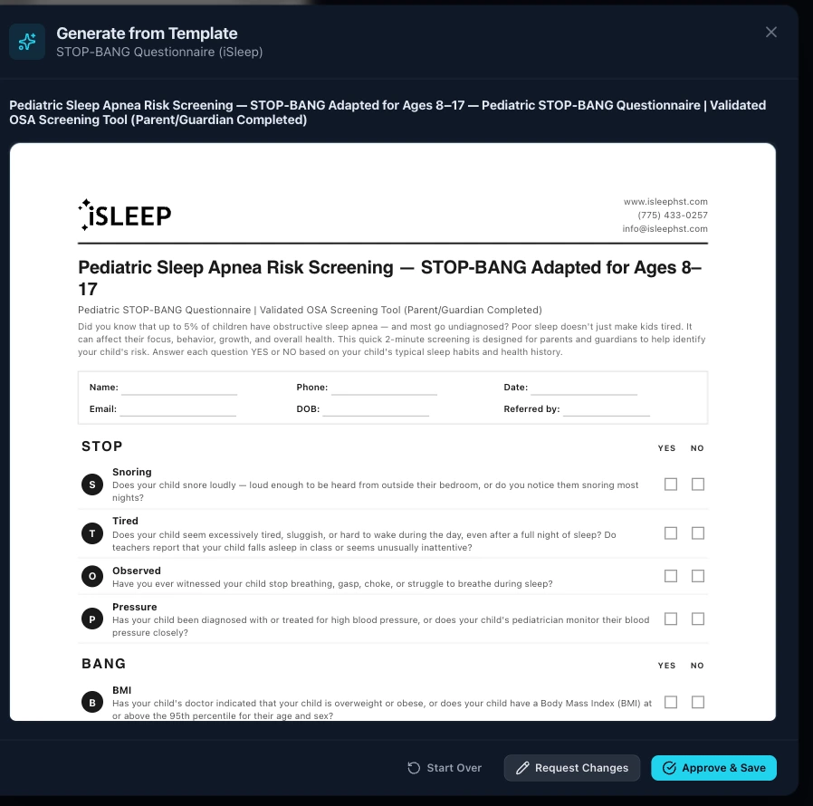 Moonbase generate-from-template modal previewing an AI-drafted pediatric sleep apnea screening document on the iSleep letterhead, with start over, request changes, and approve-and-save buttons.