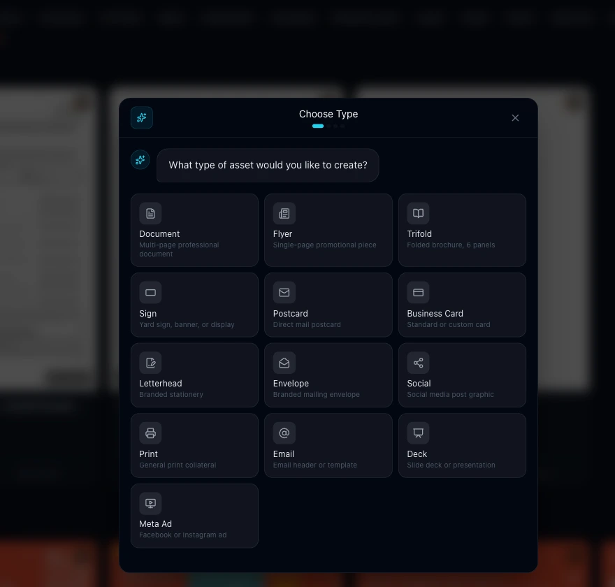 Moonbase design request modal asking what type of asset to create, with cards for document, flyer, trifold, sign, postcard, business card, letterhead, envelope, social, print, email, deck, and Meta ad.