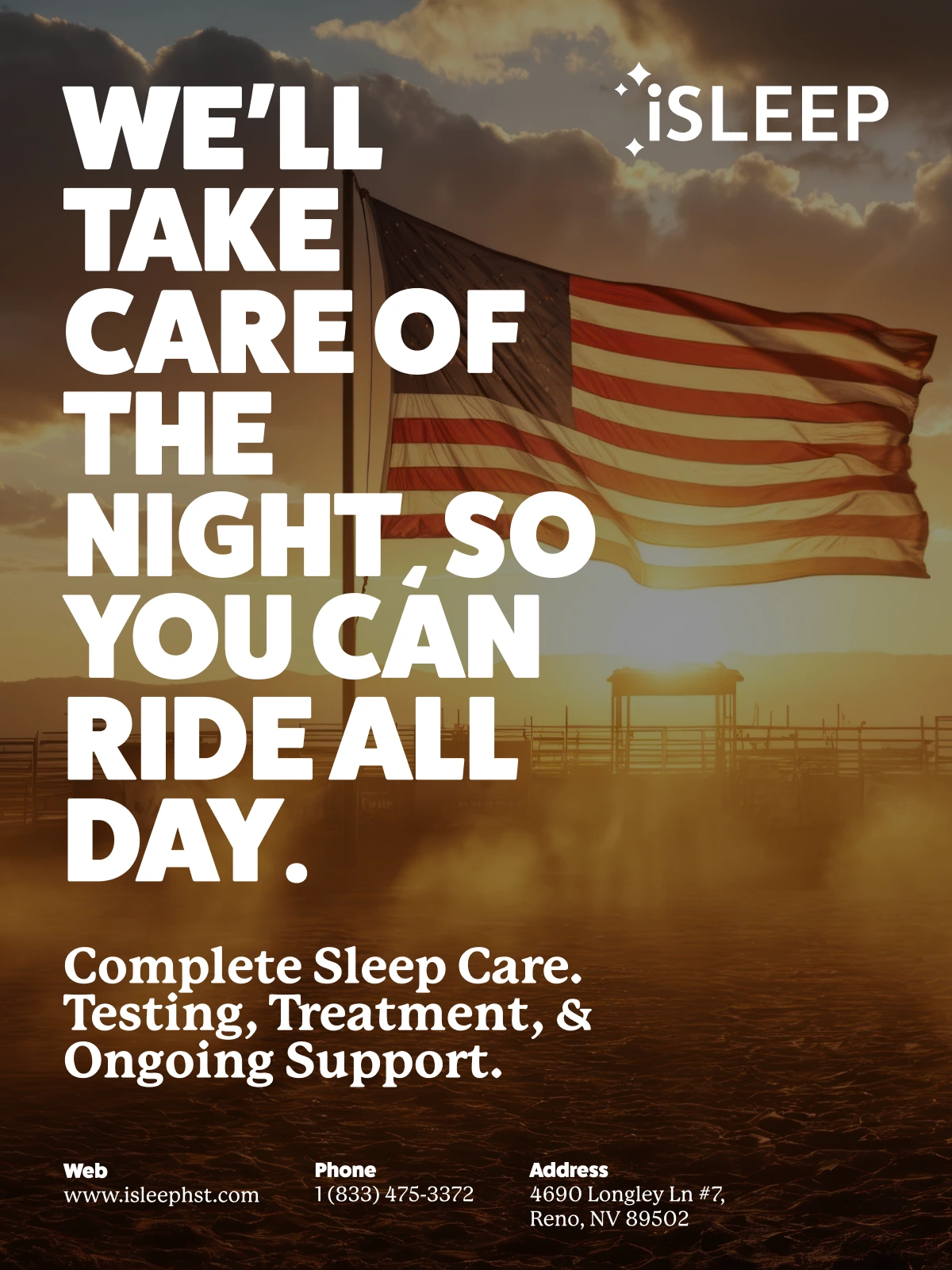 Full-page rodeo program ad: we'll take care of the night so you can ride all day, over an American flag at a dusty arena at sunset.